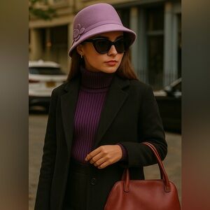 Purple Felt Hat with Flower Accent